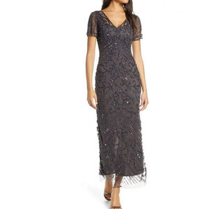 $268 Pisarro Nights Slate Gray Beaded Sequin Column Gown 12 NWT P443